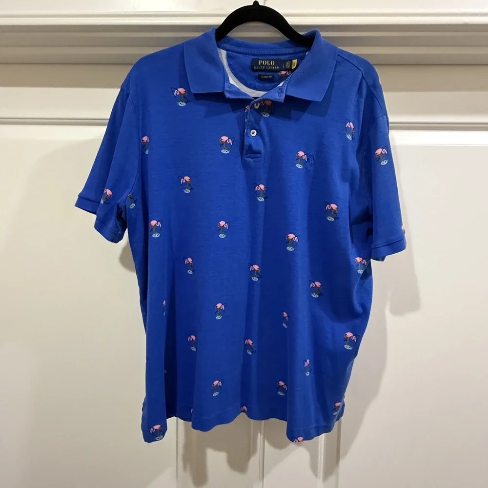 Polo Ralph Lauren Classic Fit‎ Flamingo Polo Shirt Mens L Blue Embroidered AOP
